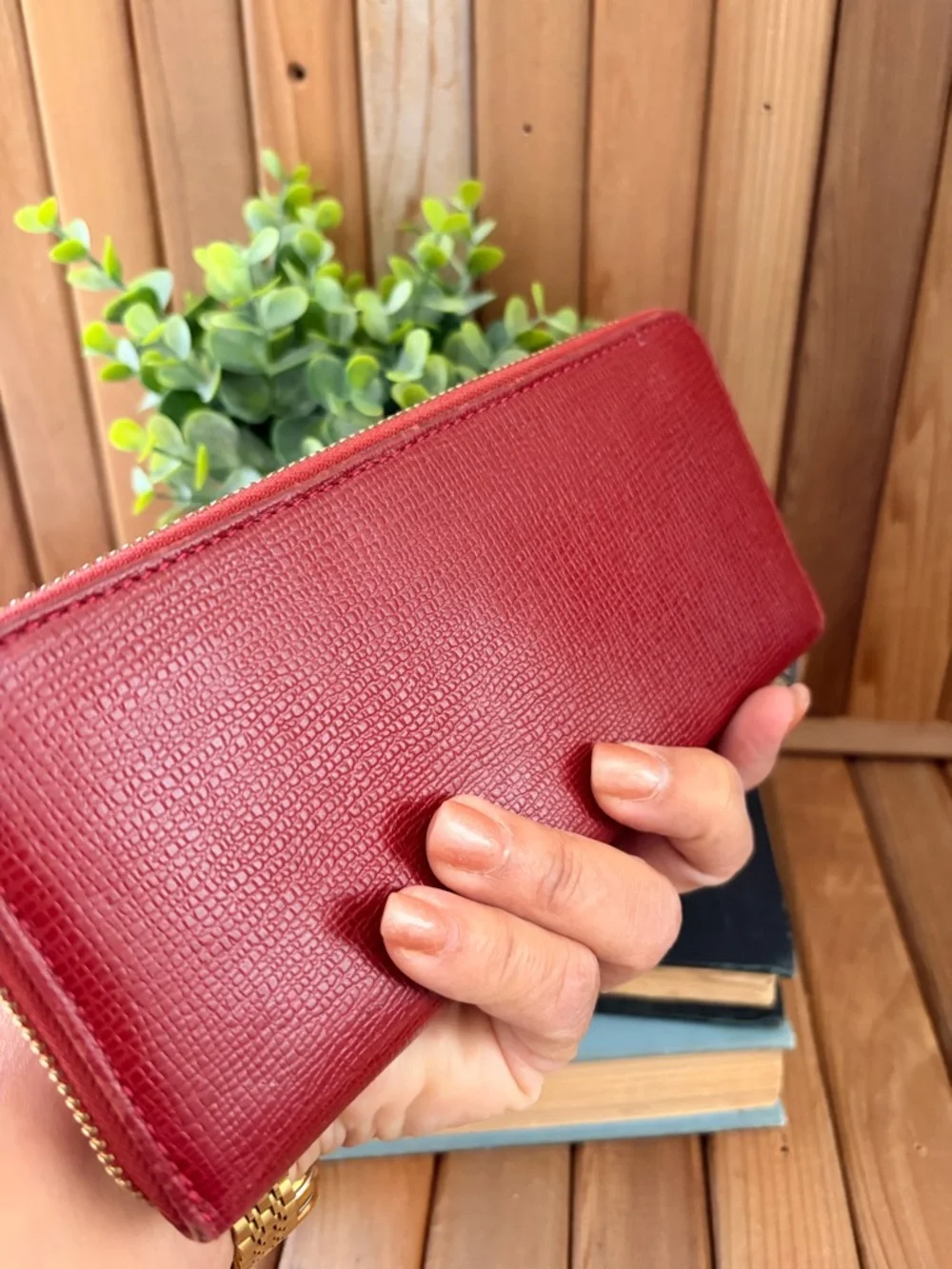 Cole Haan Red Leather Zip Around Wallet Organizer Gold Hardware